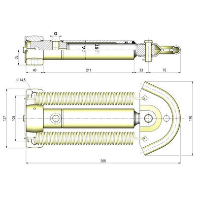 Bremszylinder mit Rückholfeder, 180bar, Stangen-Durchmesser: 25mm, Hub 110mm