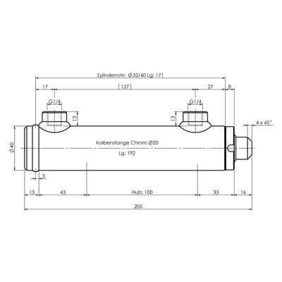 CH-RU700/10 Rumpfzylinder doppeltwirkend - Hub 100mm - 1,6 Tonnen Zeichnung