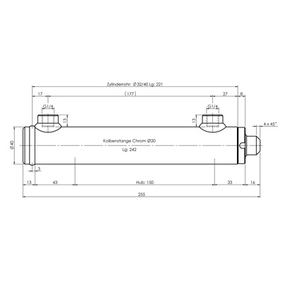 CH-RU700/15 Rumpfzylinder doppeltwirkend, Hub 150mm, 16,1kN Zeichnung