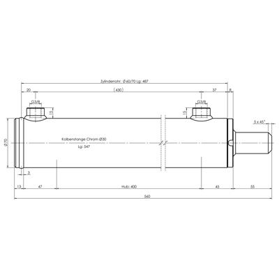 CH-RU703/4 Rumpfzylinder doppeltwirkend, Hub 400mm, 56,5kN Zeichnung