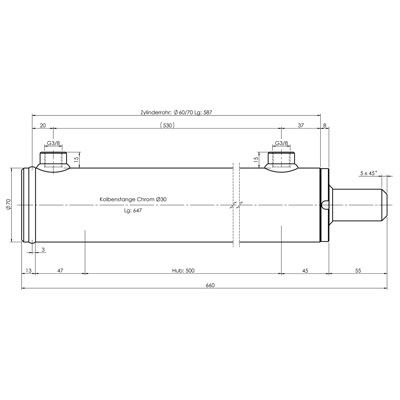 CH-RU703/5 Rumpfzylinder doppeltwirkend, Hub 500mm, 56,5kN Zeichnung