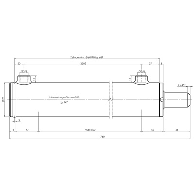 CH-RU703/6 Rumpfzylinder doppeltwirkend, Hub 600mm, 56,5kN Zeichnung