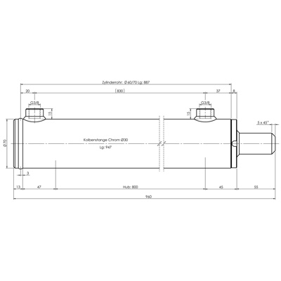 CH-RU703/8 Rumpfzylinder doppeltwirkend, Hub 800mm, 56,5kN Zeichnung