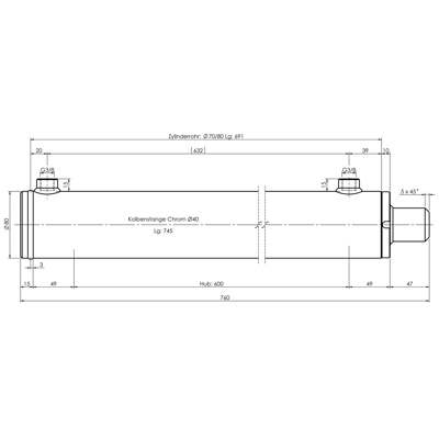 CH-RU704/6 Rumpfzylinder doppeltwirkend, Hub 600mm, 77,0kN Zeichnung