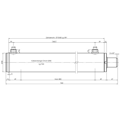 CH-RU704/8 Rumpfzylinder doppeltwirkend, Hub 800mm, 77,0kN Zeichnung