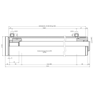 CH-RU707/8 Rumpfzylinder doppeltwirkend, Hub 800mm, 226,2kN Zeichnung