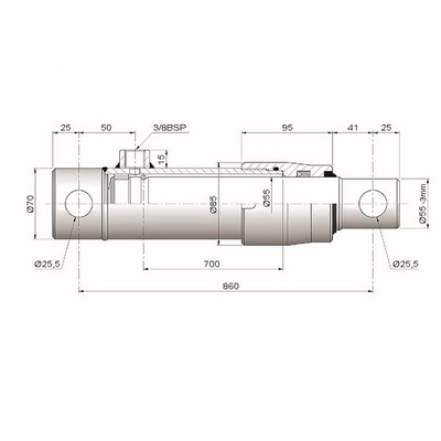 Einfachwirkender Hydraulikzylinder, Hub 700mm - Ma&szlig;e
