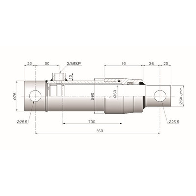 Einfachwirkender Hydraulikzylinder, Hub 700mm - Ma&szlig;e
