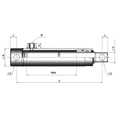 Einfachwirkender Hydraulikzylinder (A), max. 200 bar, Hubgeschwindigkeit: 0,5 m/s